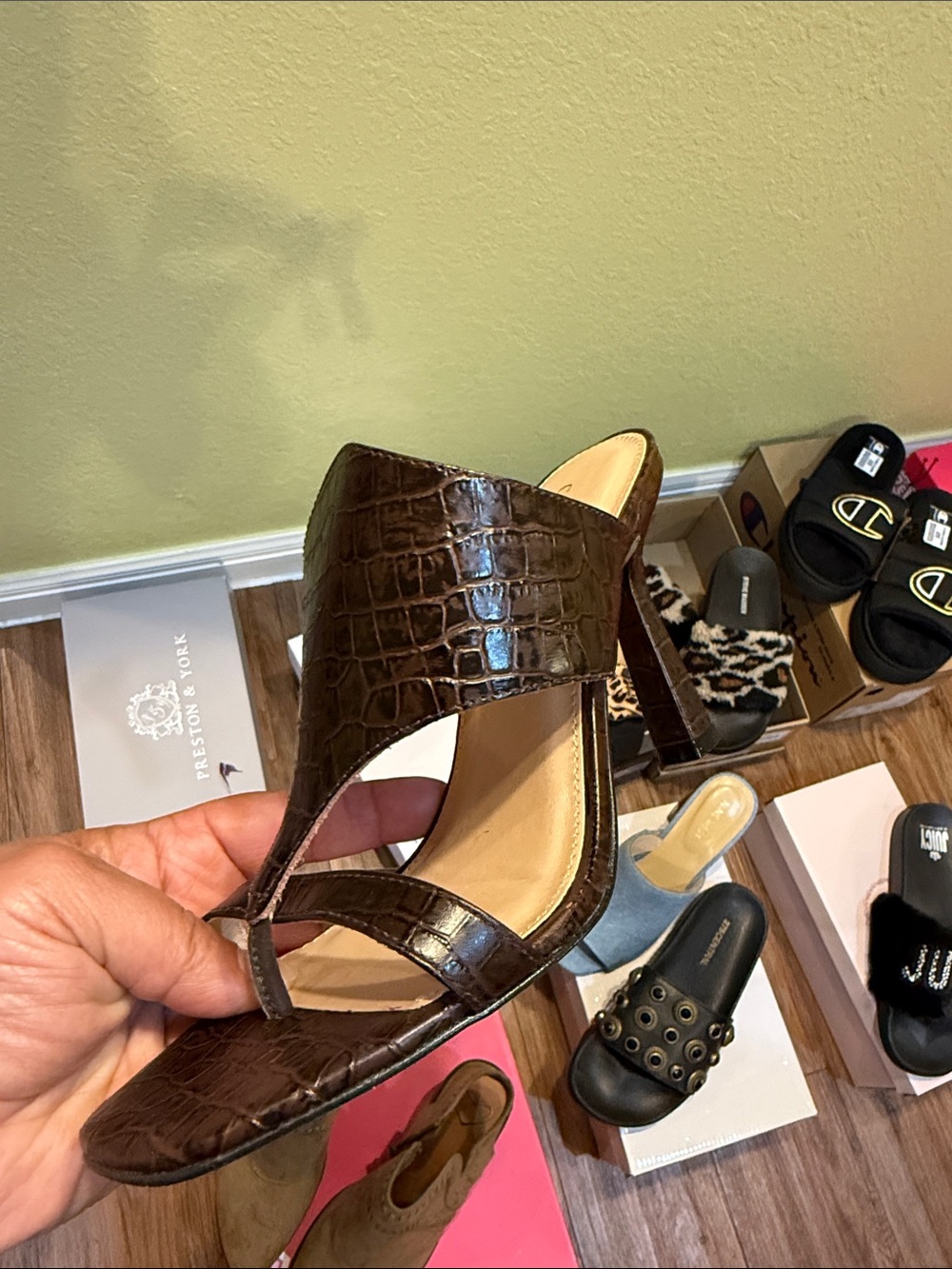 Croc-Embossed Brown High Heel Mule